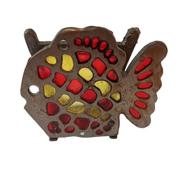 Vintage Cast Iron Fish Napkin Holder Letter Organizer Stained Glass Acrylic - Picture 1 of 9